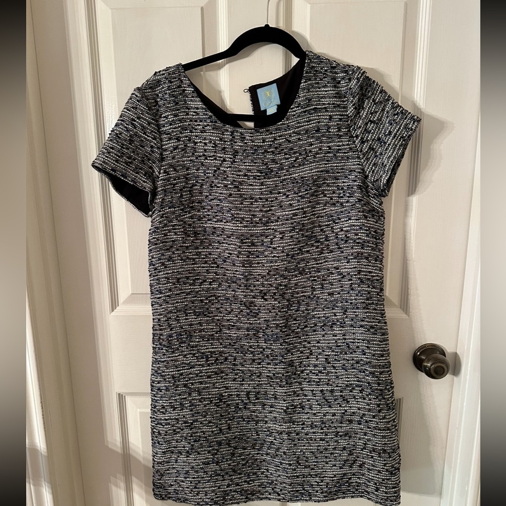 CeCe Black, White, Silver, & royal blue tweed dress.